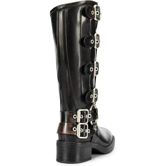 Women's Knee High Riding Boots Slip On Motorcycle Boot Fashion Buckle Biker Boot - Picture 4 of 7